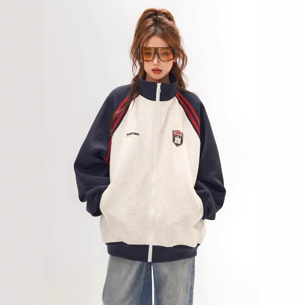 

Women Sweater 2025 Spring Autumn Women's Retro Jacket Color Block Raglan Sleeve Versatile Stand Collar Hoodie Cardigan