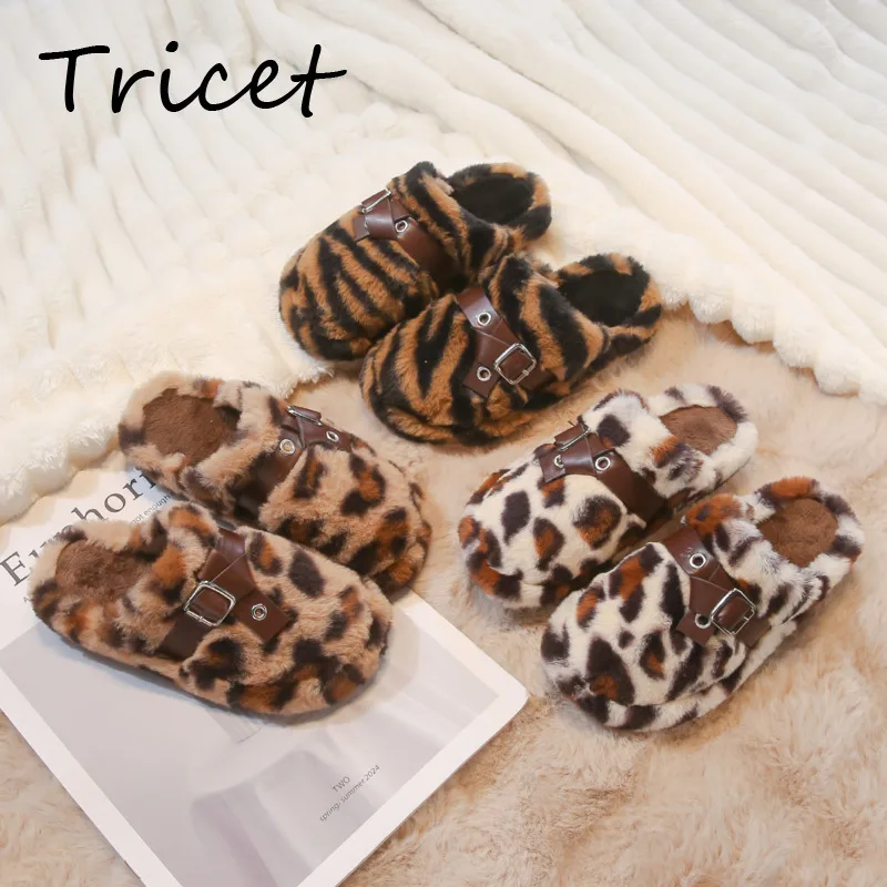 

Winter Leopard Buckle Children Slippers Faux Fur Anti Slip Girls Fashion Slippers Plush Warm Soft Sole Kids Flats Shoes