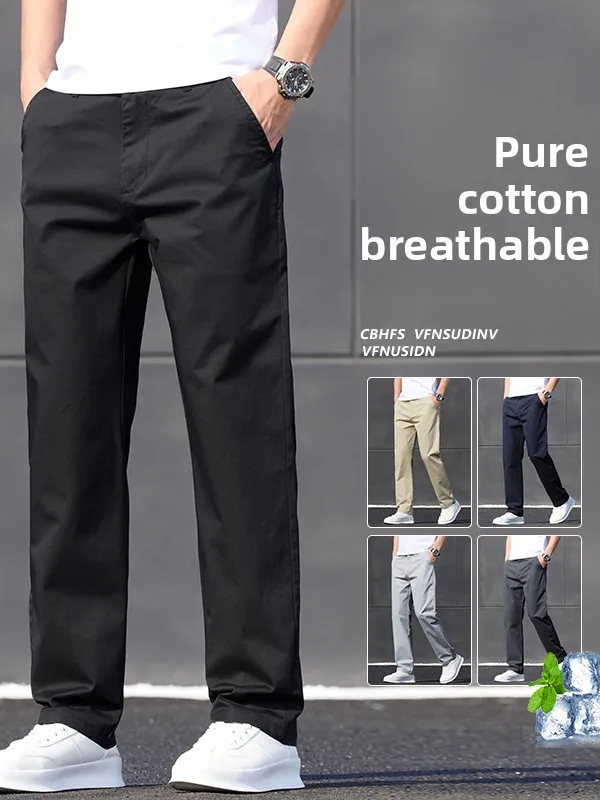 

Pure Cotton Men's Casual Pants Loose Straight Leg Thin Breathable Bla Pants Busin High-End Feeling Versatile Comfortable...