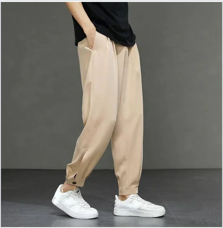 2024 Summer Thin Ice Silk Green Casual Pants for Men, Fashionable and Comfortable Sports Trousers with Elastic Cuffs