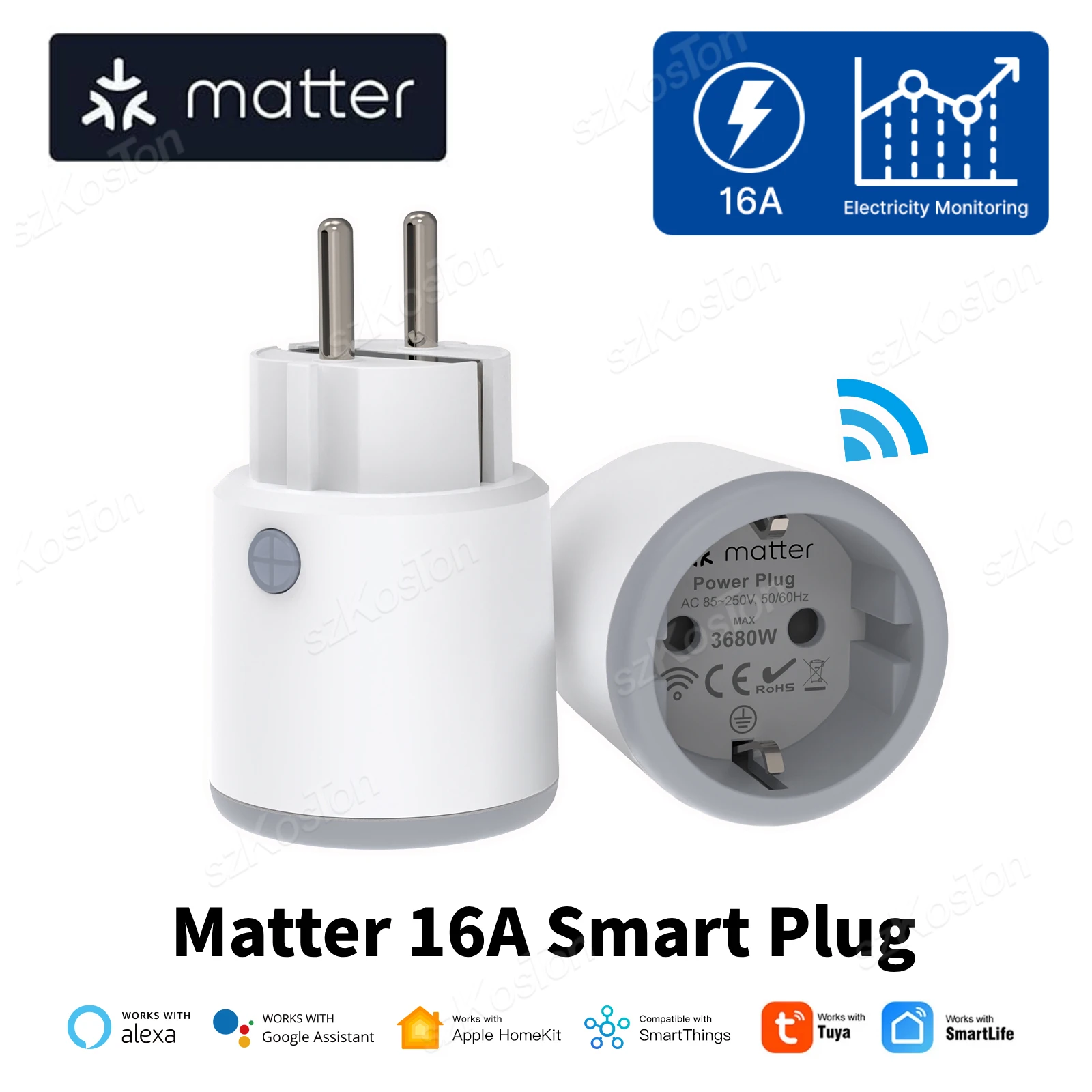 Matter Wifi Smart Plug with 16A Power Monitor EU/France Home Appliance Outlet Socket Works with Tuya Homekit Alexa Google Home