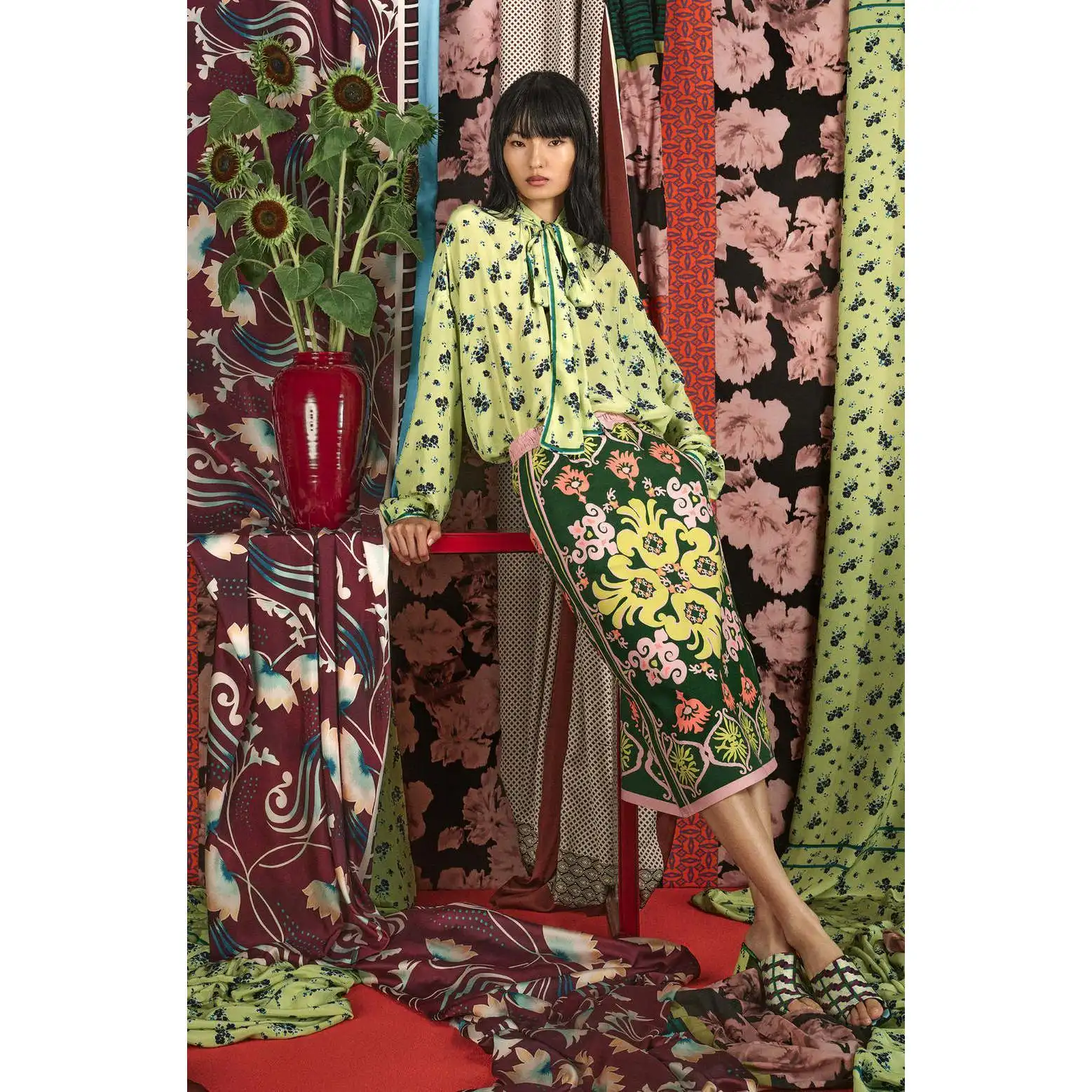 Spring Summer New Arrival Women's Floral Print Shirt Midi Skirt Set ZR Style Long Sleeve Button up Polyester Fiber Workwear