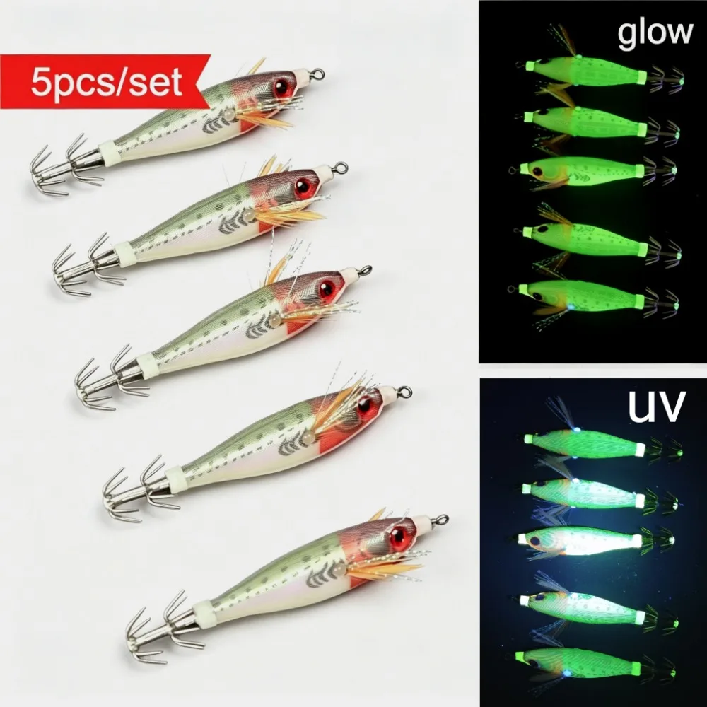 5pcs/set UV Horizontal Squid Jig Egi Set with Tackle Box 8cm Luminous Fluorescent Sea Fishing Lure Wood Shrimp Cuttlefish Tackle
