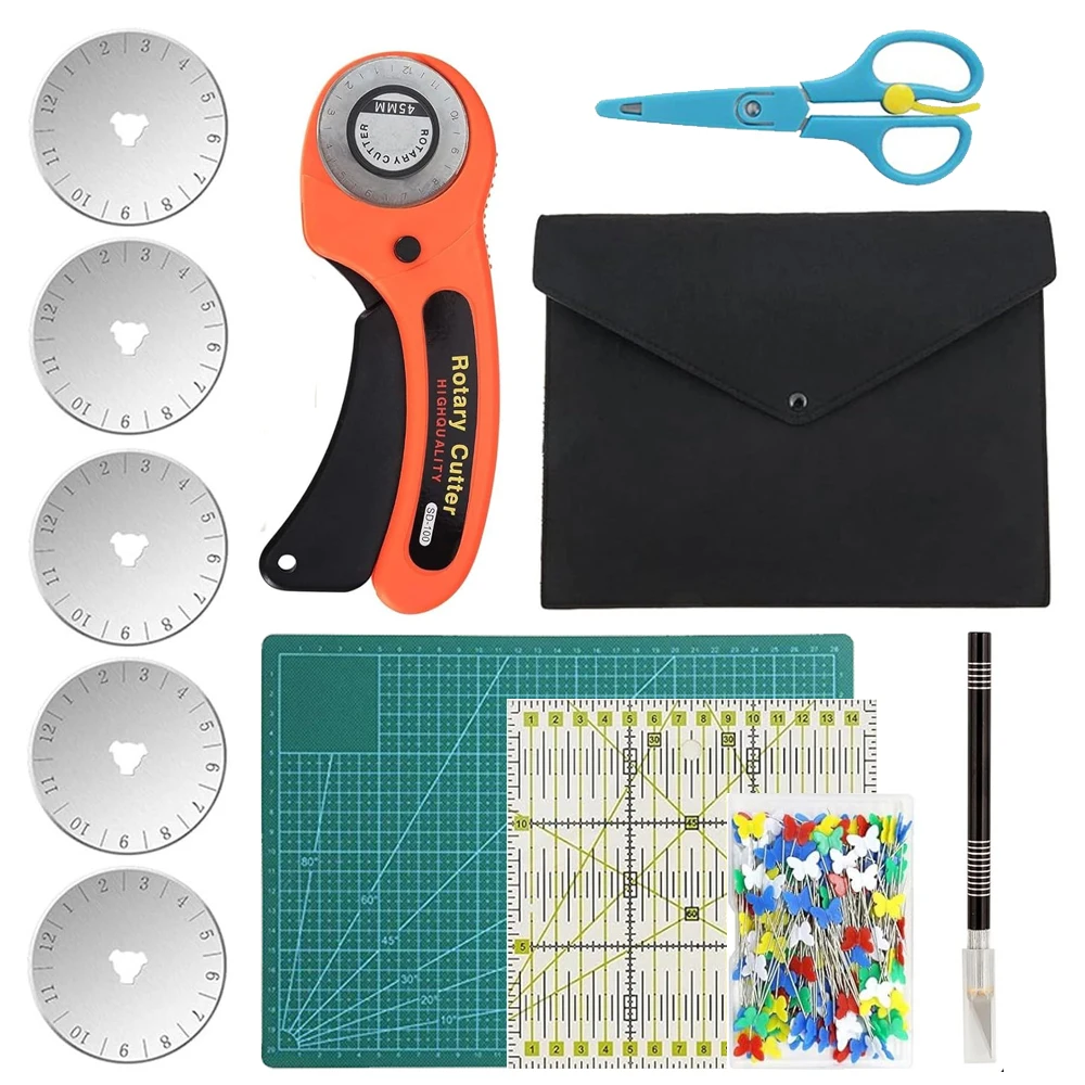 12PCS Quilting Kit 45mm Fabric Cutters Kit with 5 Extra Blades & A4 Cutting Mat & Carving Knife Clips for Sewing Patchworking