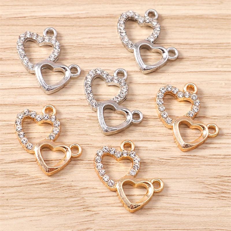 10 Stück 16x15mm Niedliche Kristall-Legierung Doppelherz-Anhänger für Schmuckherstellung, Ohrringe, Halsketten, DIY-Bastelzubehör – Detail 6