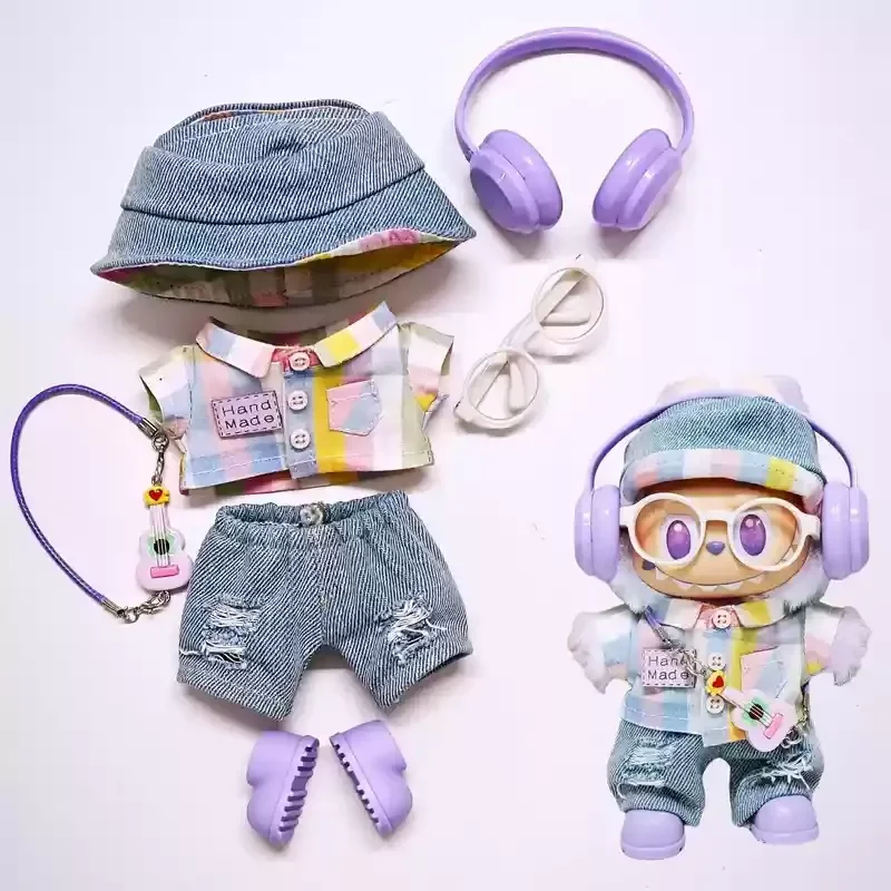 

Одежда Labubu 17 см, милый Радужный клетчатый костюм-рубашка, новая модная одежда, джинсы, шляпа, очки для камеры, обувь, аксессуары, подарок.