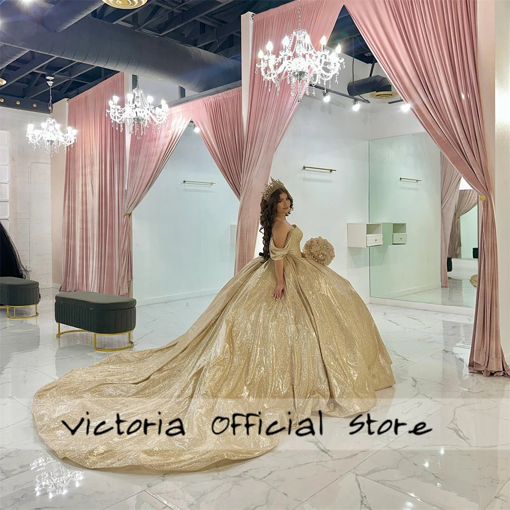 Vestidos de quinceañera con hombros descubiertos, color champán brillante, corsé de novia mexicano, vestidos de 15 años, vestidos formales de graduación personalizados