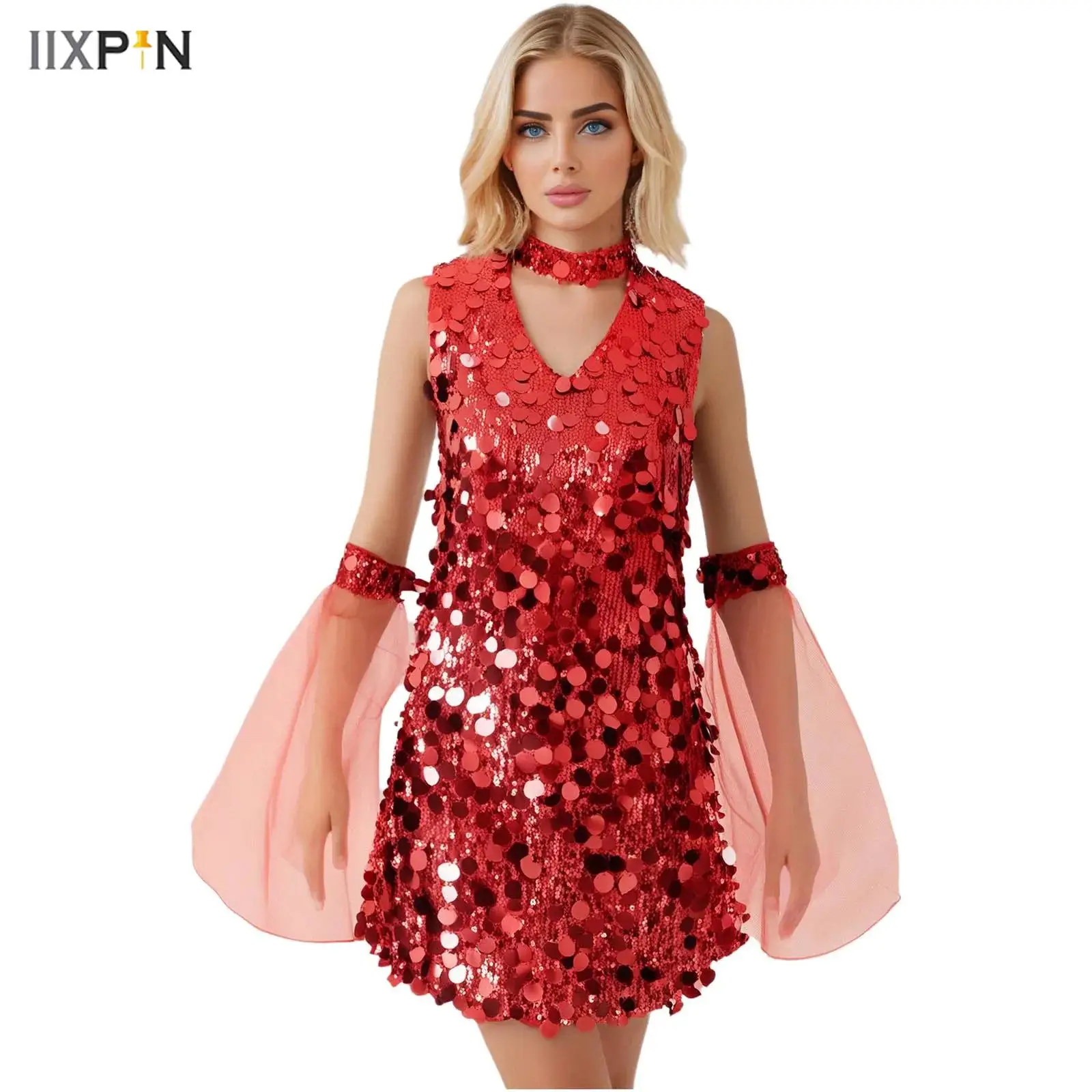

Women Halloween Sequin Hippie Costume 70s Disco Dance Costume Sleeveless Hollow Out Mini Dress with Removable Mesh Flare Sleeve