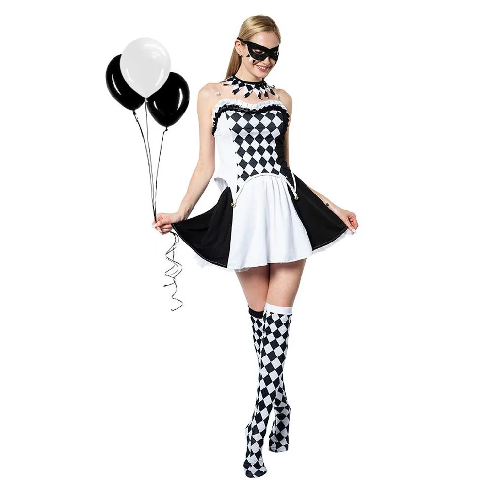 Sexy Women Devious Jester Cosplay Dresses Adult Black and White Clown Halloween Costume Carnival Easter Purim Fancy Dress