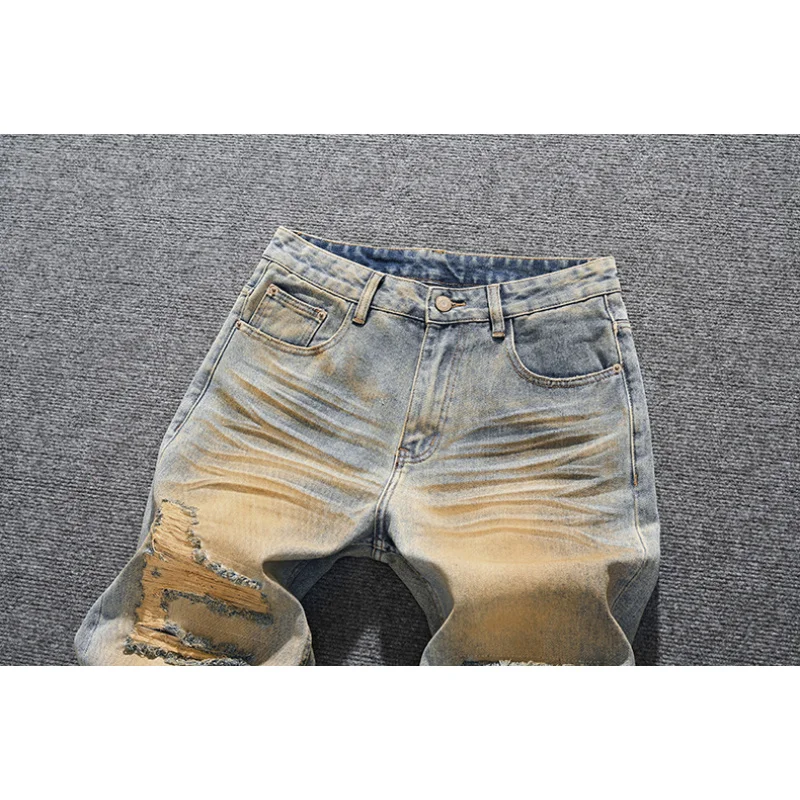 

Street retro vintage vintage loose straight hole patched jeans men's fashionable vintage denim fabric wide leg pants