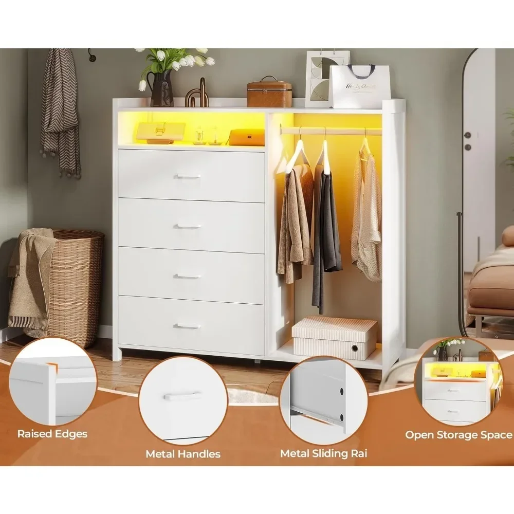 Children's Dressers, 3-in-1 Bedroom Cabinet with Clothing Rack, Dresser & Chests of Drawers, 4 Drawers Dresser with LED Lights