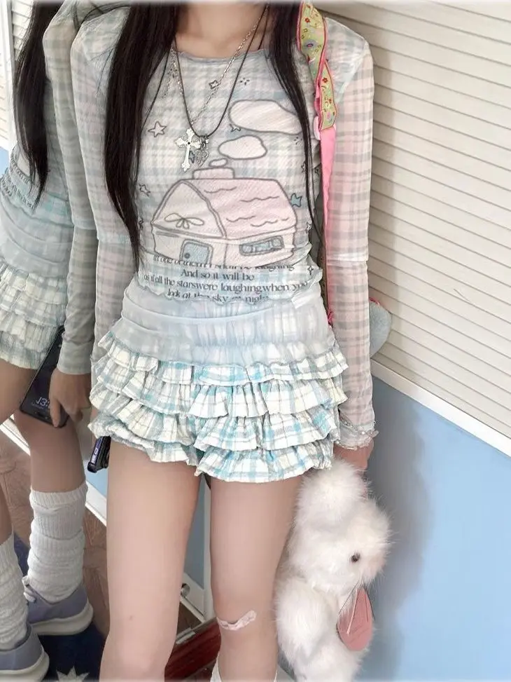 

Korejpaa Sweet Printed T Shirt Women Plaid Long Sleeve Top 2025 Summer New Round Neck Korean Style Casual T Shirts Clothes