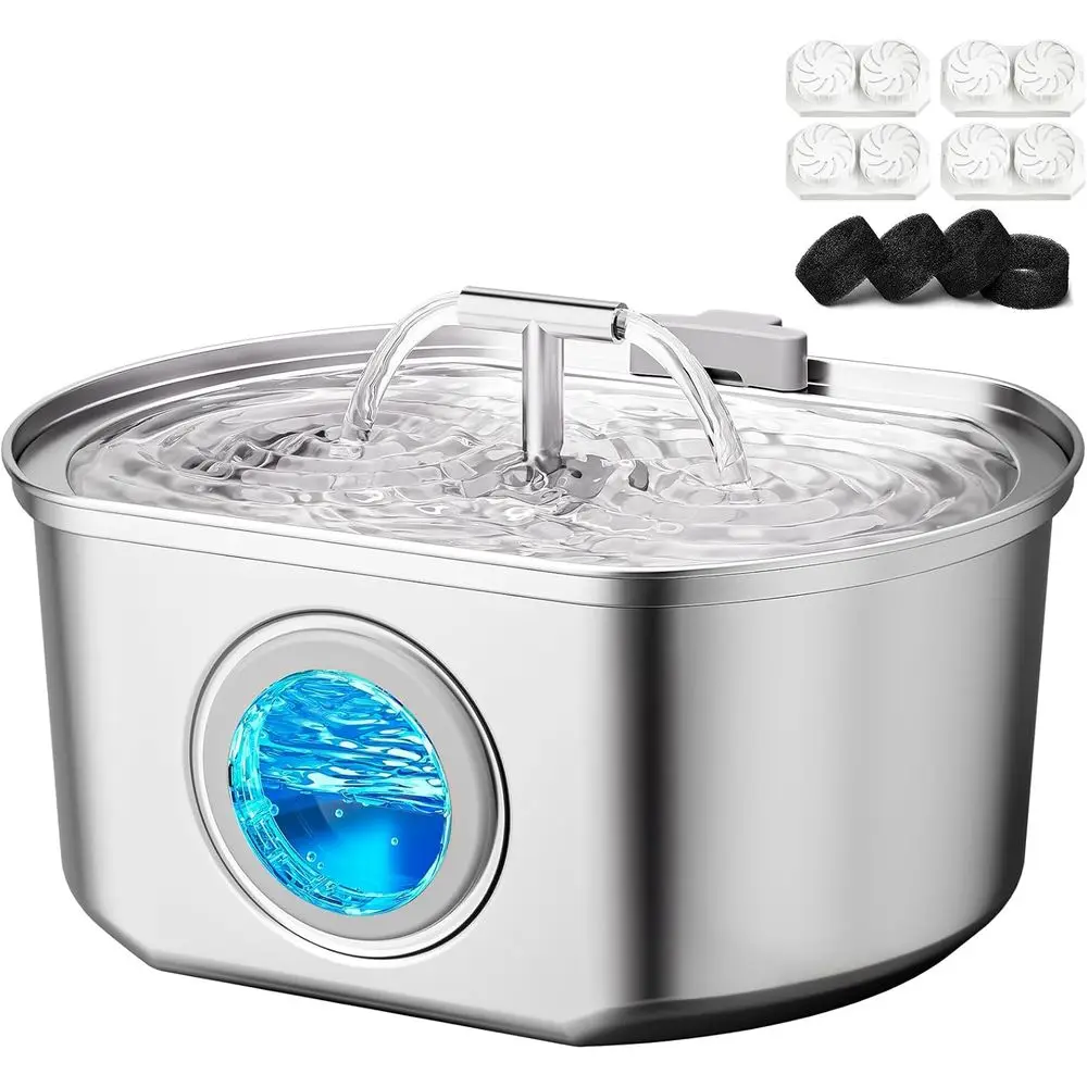 

Pet Drinking Fountain Stainless Steel - 3.2L/108oz Automatic Water Dispenser with Water Level Window (4 Filter)