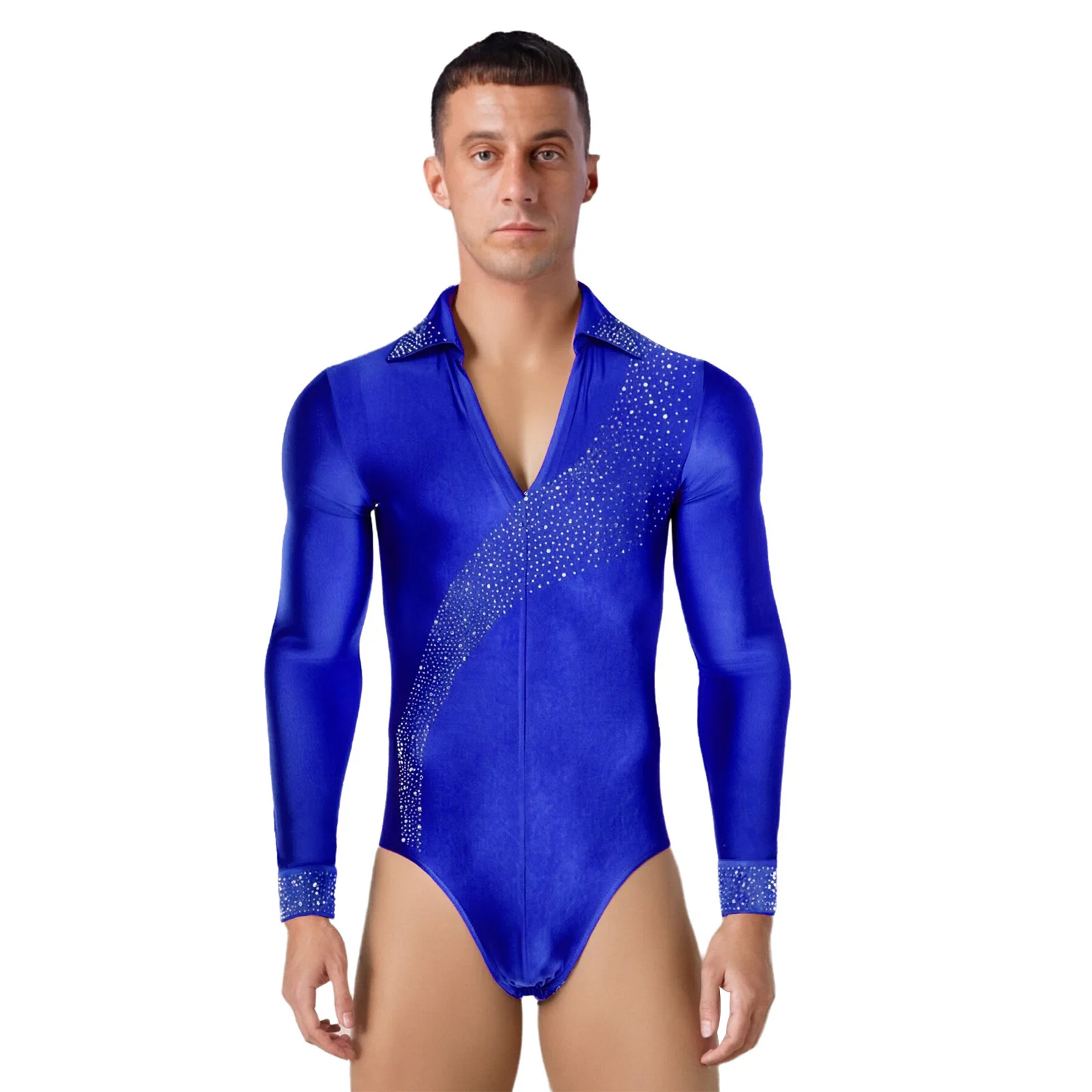 Combinaison de danse latine pour hommes, strass brillants, col en V, manches longues, body de danse moderne, vêtements pour concours de danse sur scène
