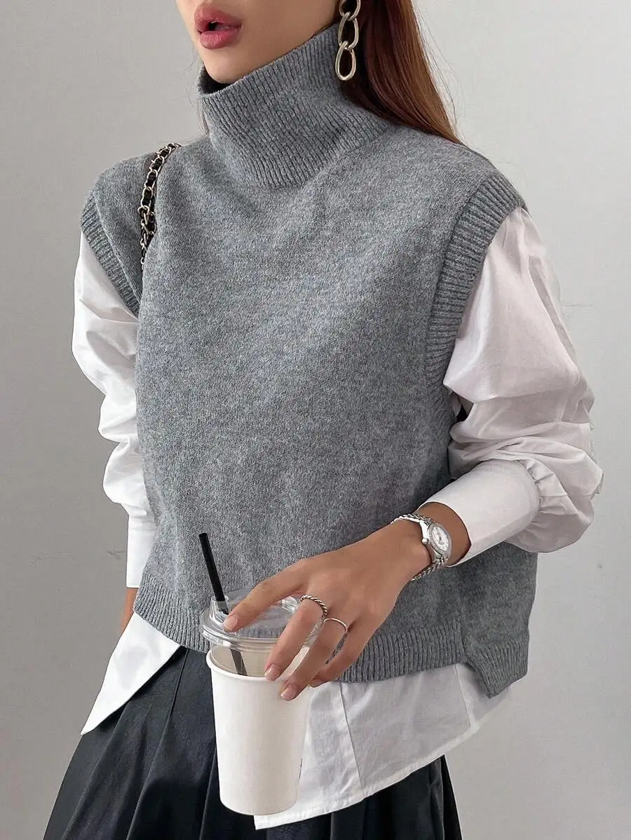 

Women's Gray Turtleneck Knit Vest, Sleeveless Layering Top for Spring Autumn Casual Wear