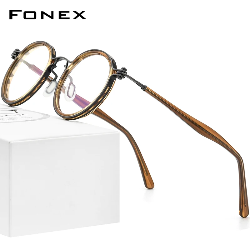 FONEX Acetate Titanium Glasses Frame Women Vintage Round Eyeglasses 2024 New Men Spectacles Korean Eyewear F85693