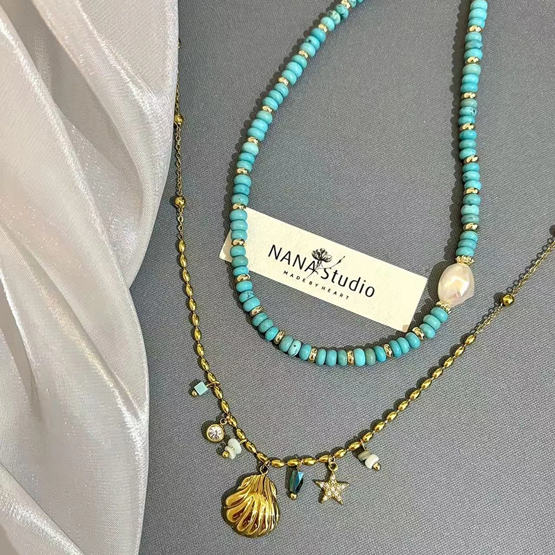 Sommerliche böhmische goldfarbene Anhänger-Halskette für Damen, Edelstahl, Meerjungfrauen-Schlüsselbeinkette, Schmuck-Accessoire, nicht verblassend, trendig – Detail 10