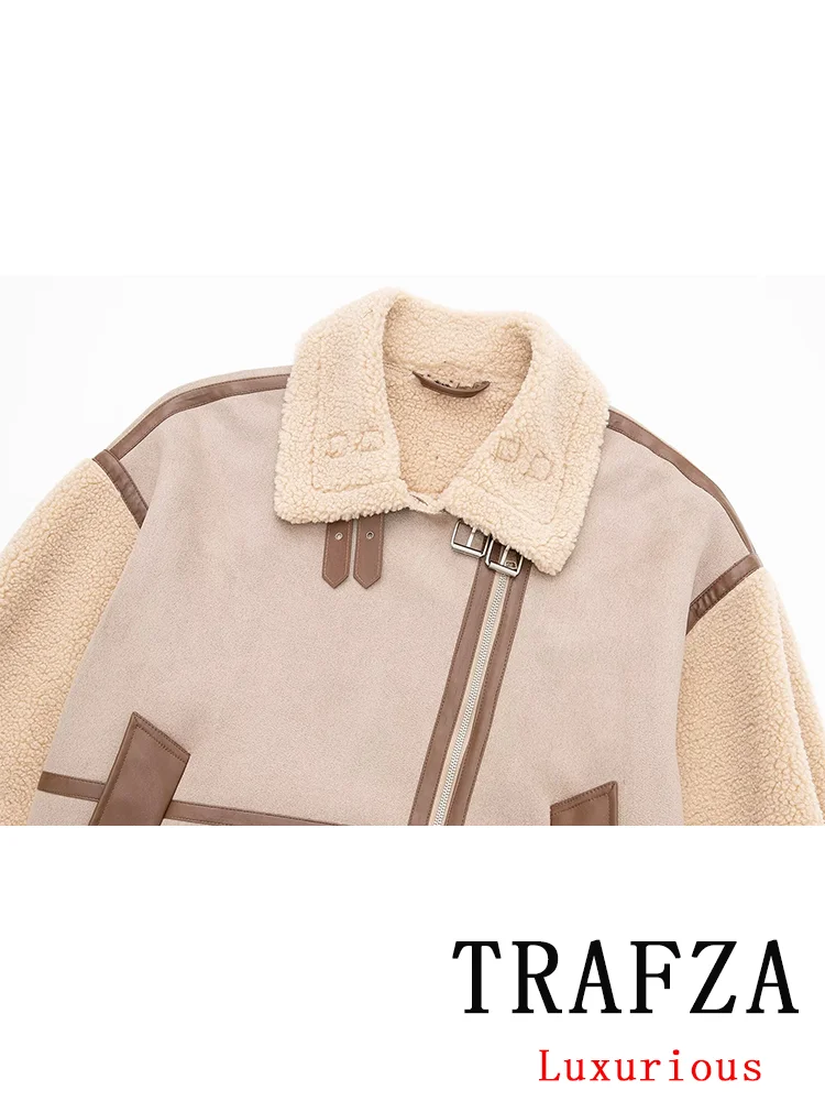 TRAFZA Vintage Casual Chic Loose Women Splice Jackets Long Sleeve Turn-down Collar Coats Belt Fashion 2024 Autumn Winter Outwear