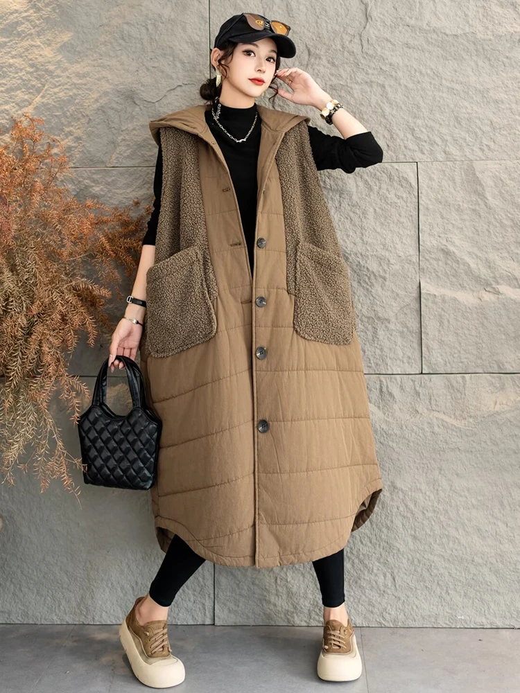 Masss Wasss 2024 Winter Womens Long Fashion Loose Hooded Padded Vests Ladies Casual Classic Sleeveless Coats Warm Fur Waistcoats