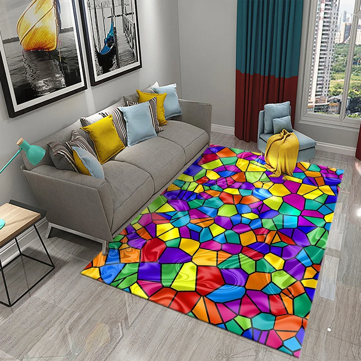 Rainbow Geometry Carpet Colorful Rug for Teen Adults Modern Abstract Geometric Art Rugs Bedroom Living Room Area Decor Floor Mat