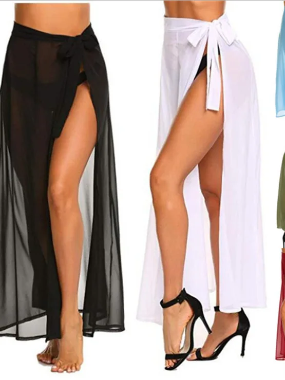 

Pure Color Slit Me Sexy See-tough f Skirt High Waist Street Sle Thin Fabric Long A-Line Skirt for Young Women