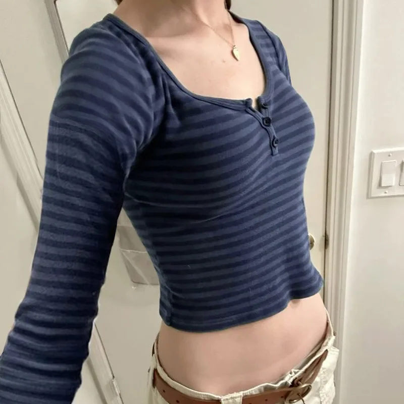 خريف جديد المرأة تي شيرت الشارع الشهير موضة مخطط طويل الأكمام س الرقبة زر عادية سليم تيز مثير سيدة تنوعا محبوك تيز #4