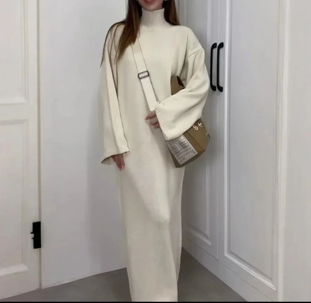 

Женский вязаный свитер с высоким воротом, длинные платья, темпераментное модное платье для женщин, однотонное платье с длинным рукавом