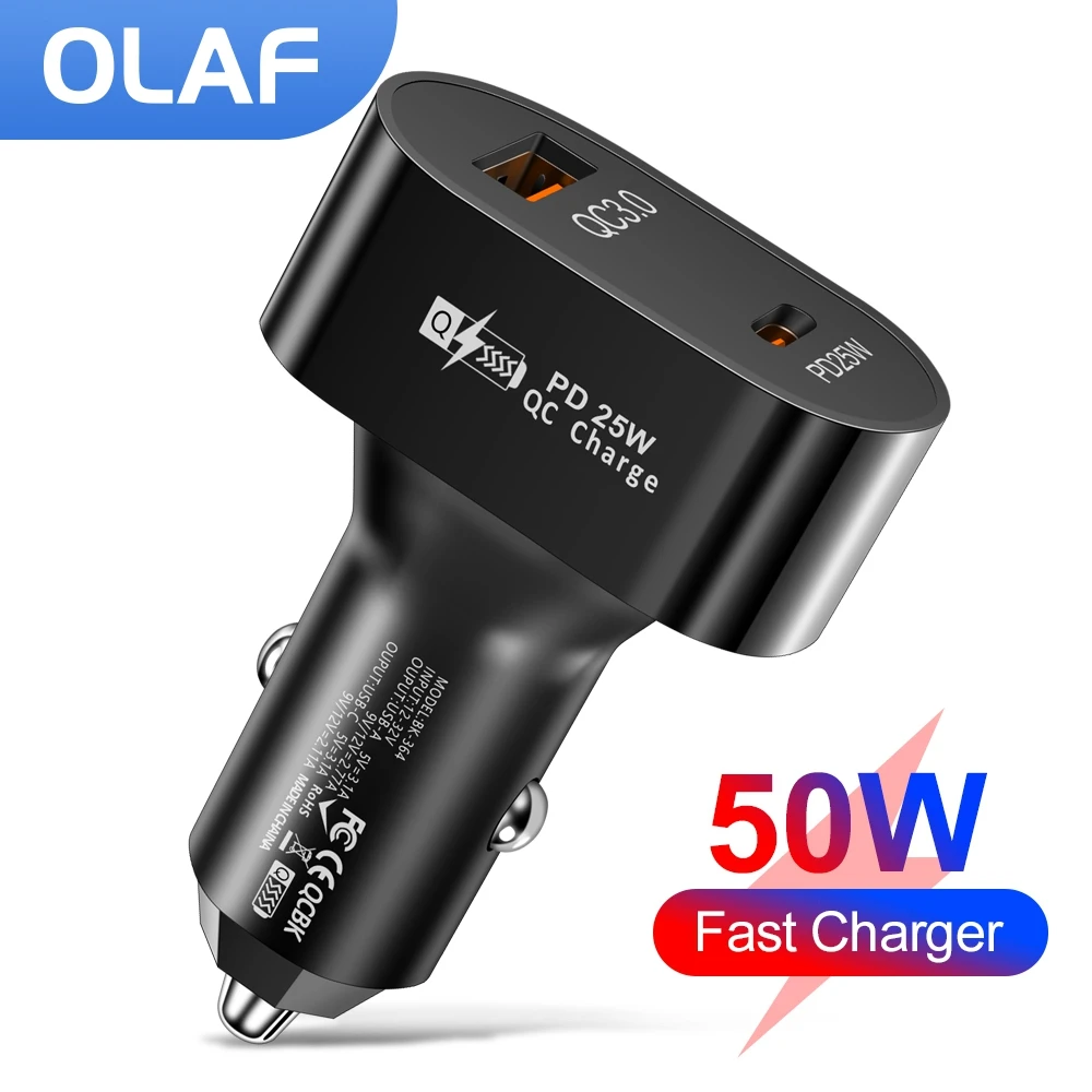 PD Car Charger 50W Car Phone Charger USB Type C Fast Charging in Car USB-C Adapter For Mobile Xiaomi Note 11 iPhone 13 12 QC 3.0