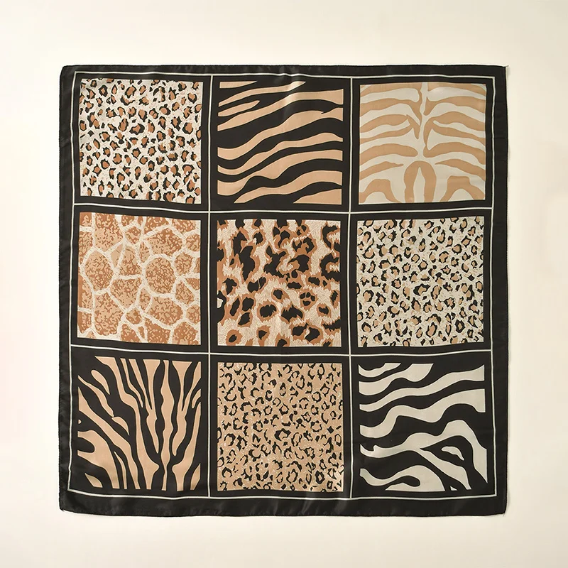 Damska apaszka kwadratowa w panterkę 68*68 cm, mała chustka na szyję, jedwabista satyna, modne akcesoria do włosów, bandana.