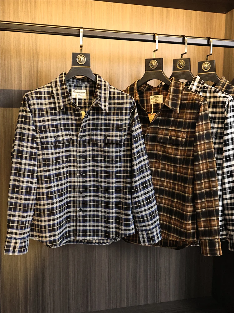 

American Retro Flannel Plaid Long Sve Loose Fit Collar Men's irt Jaet Autumn Versatile Casual Sle Regular Thin