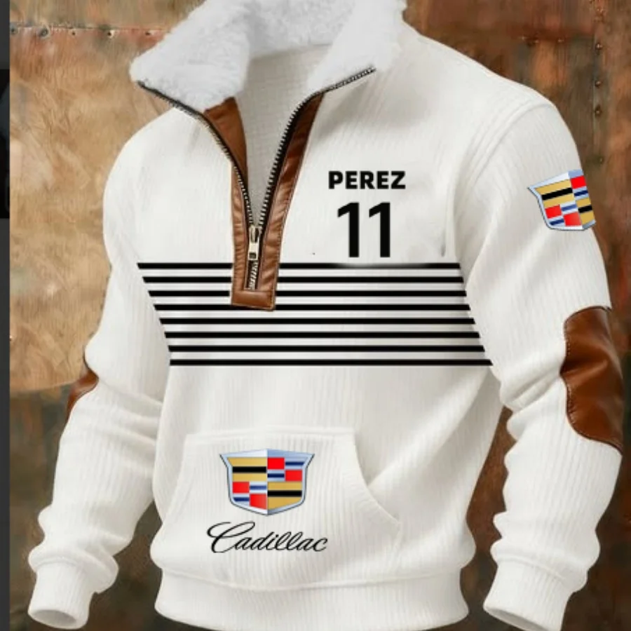 

Men's Fur Collar Hoodie Autumn and Winter Cadillac Crewneck Jacket with Pockets Striped Style All-Match Casual Wear