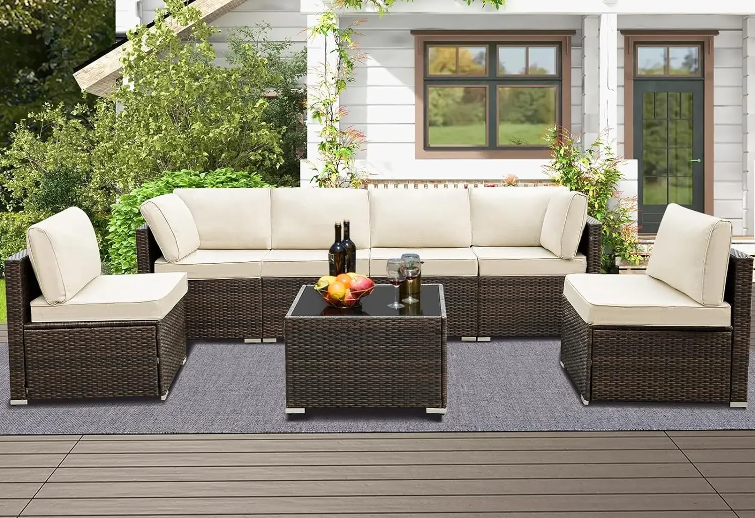 

7 Pcs Outdoor Patio Furniture Set Sectional Couch Wicker Conversations Sets Rattan Sofa with Table for Lawn Garden