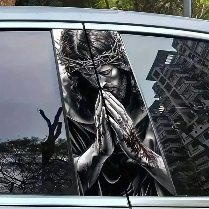 2 pieces of Jesus prayer pattern car stickers, car door pillar protection stickers, easy to stick and peel off, sun protection,