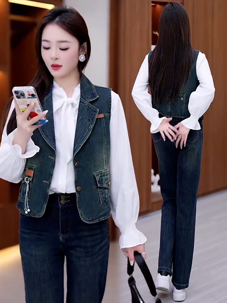 Ort-Chaleco vaquero informal para mujer, versátil, tamaño pequeño, almohadilla para el hombro, otoño, nuevo Sle, corte holgado, coreano