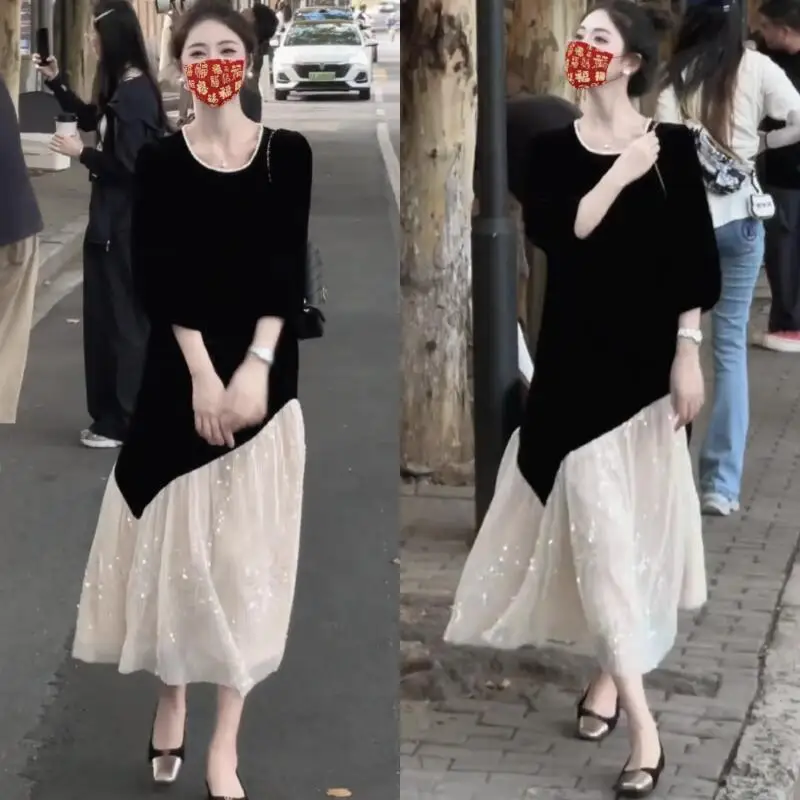 2026년 신모델 스타일리시 고급 플러스 사이즈 스팽글 메쉬 스플라이싱 센세이셔널 럭셔리 기품을 보여주는 점프수트 스커트