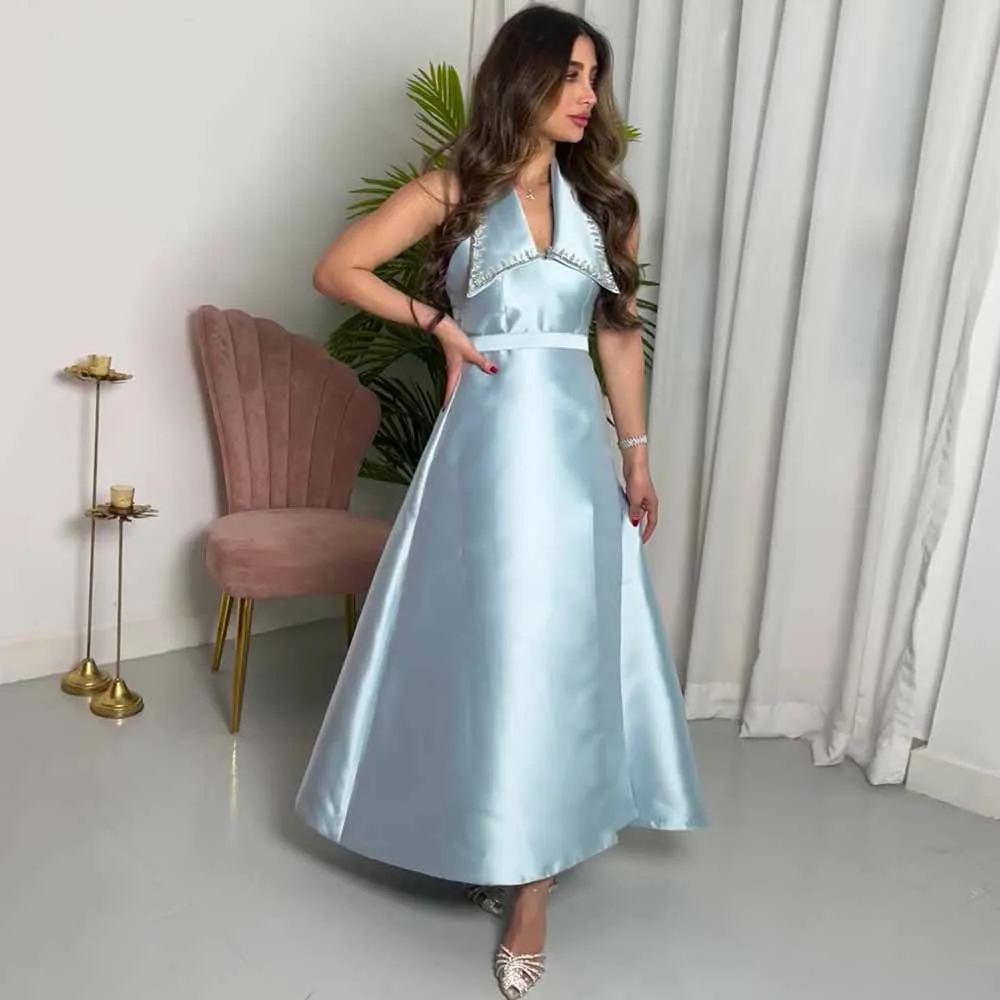 

Luxury Cocktail Dresses 2025 Satin A-line Party Dresses Sky Blue Halter Beads Backless Sashes Women Ceremony Dresses Midi