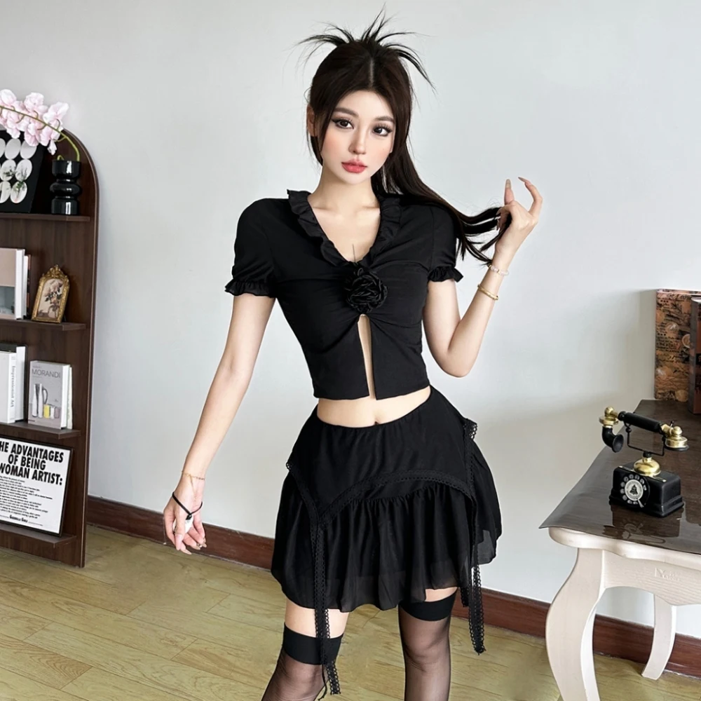 

SylCue Элегантный комплект из 2 предметов со рюшами, женские укороченные топы с 3d цветочным украшением и низким вырезом + сетчатые юбки с кисточками, стильная одежда для дня рождения