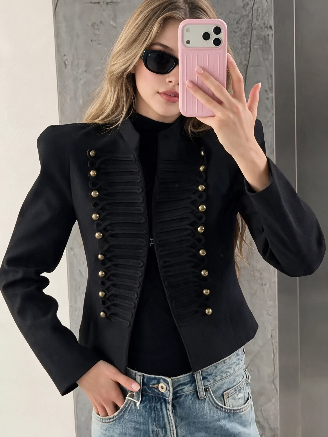 Damen Vintage Slim-Fit Jacke Frühling Damen-Trends Elegante Napoleon-Jacken Damen High-Street Chic Schultergepolsterter Blazer – Detail 2