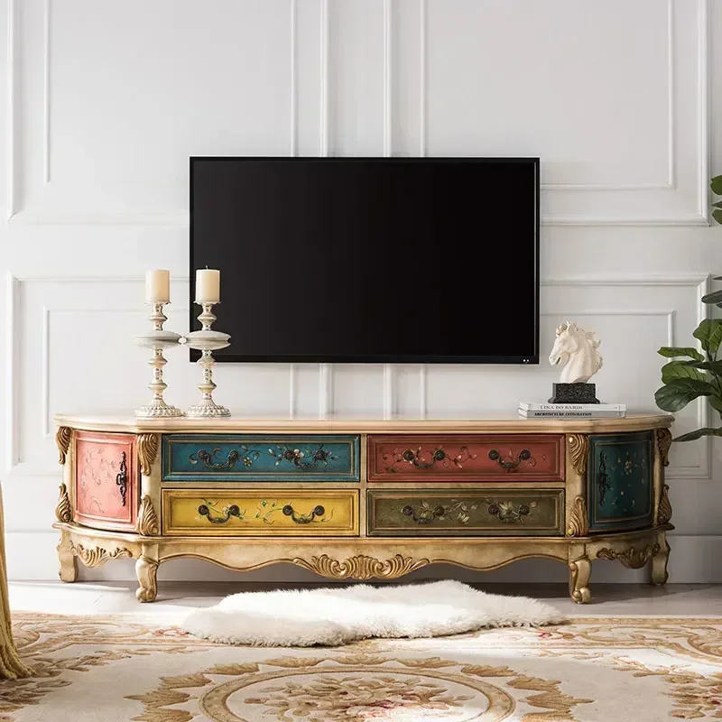 Cabinet European-Style Painted Floor Cabinet Carved TV Cabinet Living Room Audio-Visual Furniture Combination1