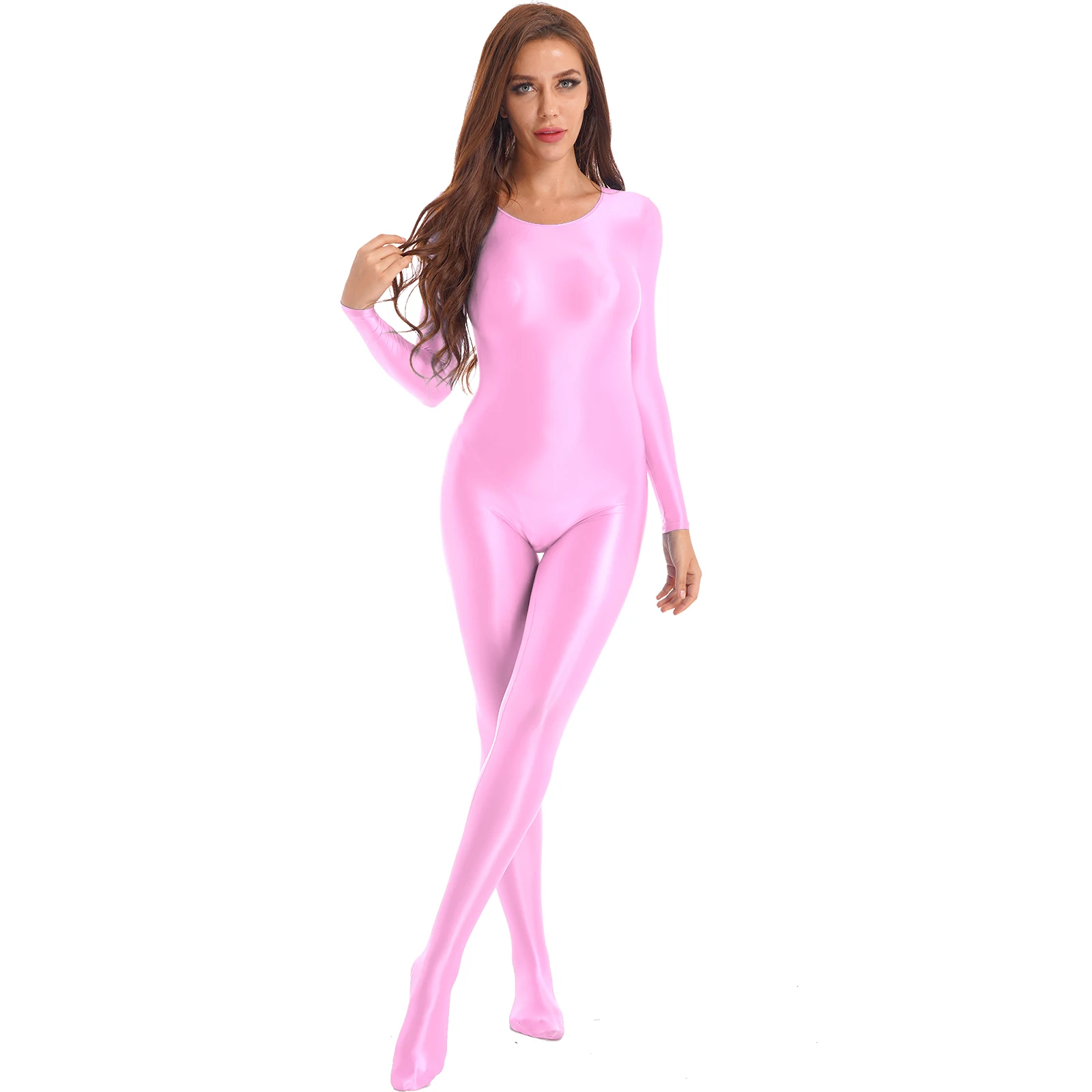 Damen Overalls Langarm glänzende Dessous Body stocking Frau Gymnastik Bodysuit Catsuit für Pole Dance Clubwear Nachtwäsche