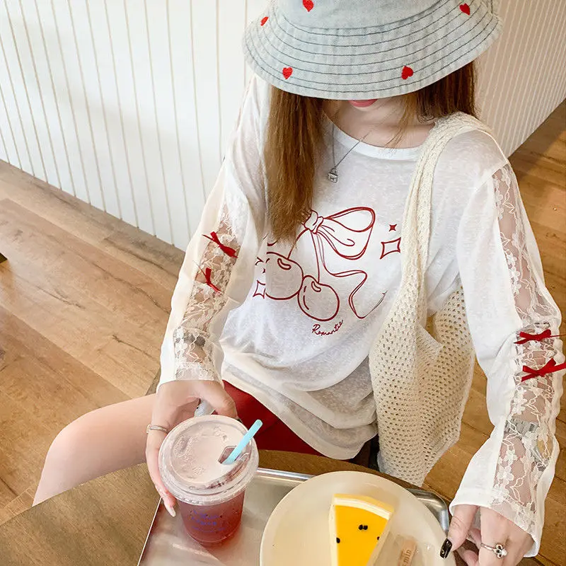 

Subcultural Thin Sun Protection T-shirts Harajuku Vintage Sweet Print Top for Women Y2k Casual Loose Lazy Style Tee Shirt