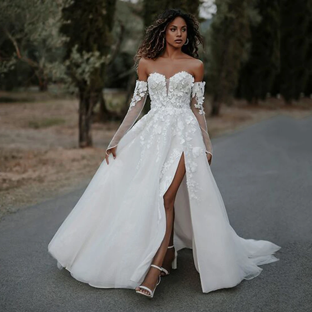 Love dress abnehmbare Ärmel Schatz Hochzeits kleid Seite geteilte Spitze Applikationen Strand A-Linie Brautkleid rücken frei Knopf Zug