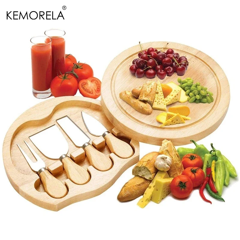 Cheese Board And Knife Set wood Round Charcuterie Board Set Serving Tray Cheese Cutting Board Includes 4 Stainless Steel Knife