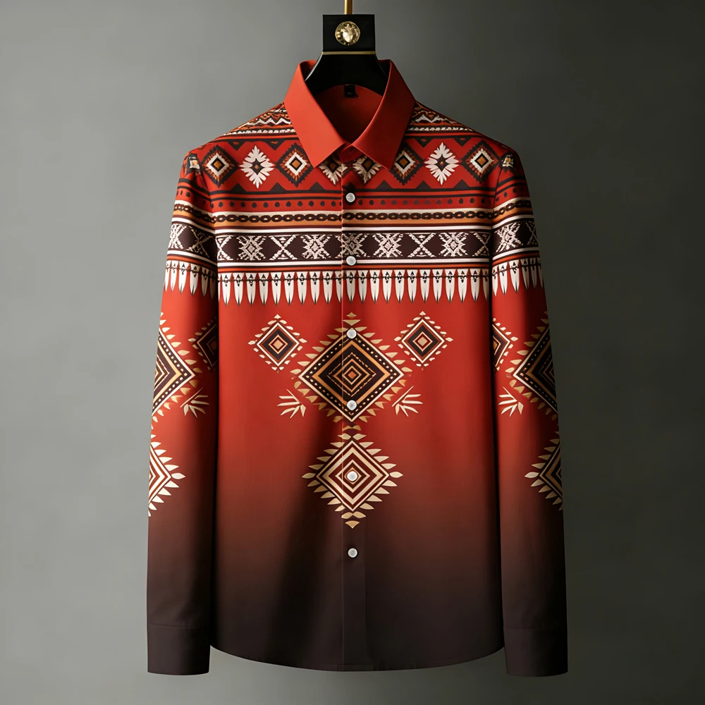 الرجال الخفيفة الفاخرة الريف الأمريكي ثلاثية الأبعاد قميص مطبوع كم طويل التلبيب زر هاواي شاطئ قميص في الهواء الطلق حفلة الرجال