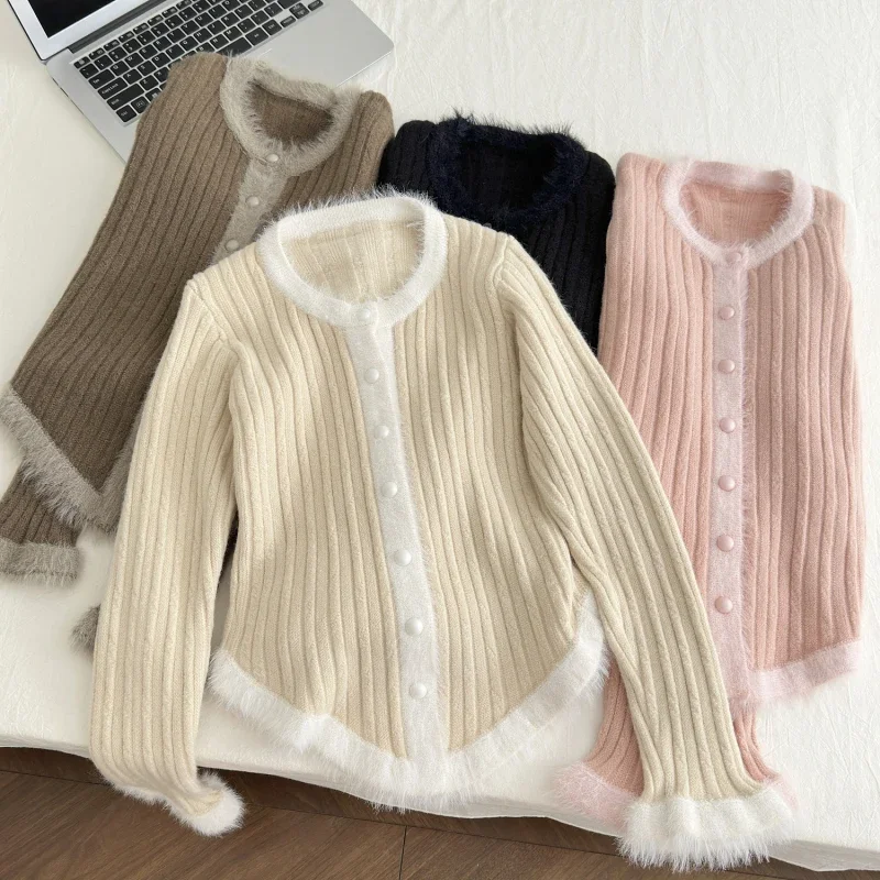 女性用長袖ラウンドネックニットカーディガン,キュートでトレンディな女の子用パッチワークセーター,スリムな婦人服,秋冬ファッション