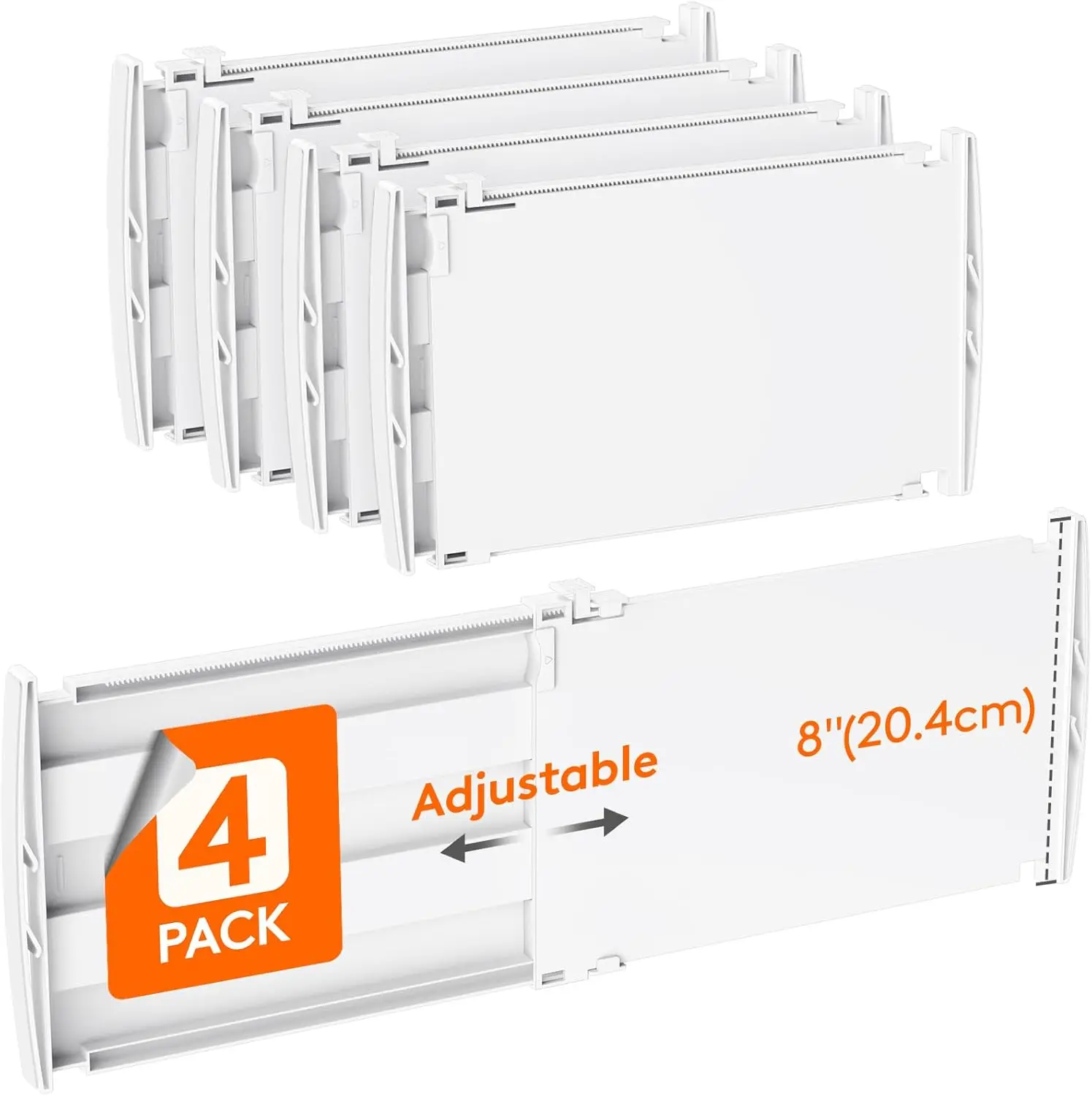 

8' High 4-Pack Adjustable Drawer Dividers, White Dresser Organizer for Clothes, Kitchen, Bedroom, Cabinet, Office