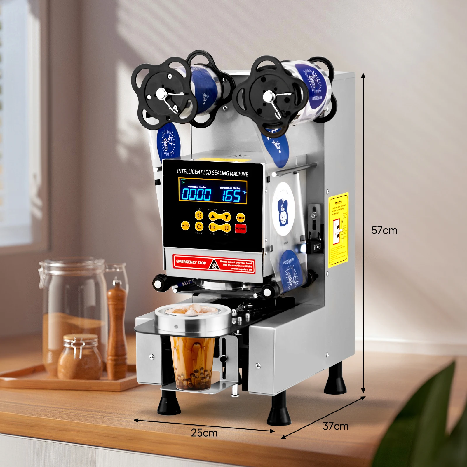 Máquina elétrica de selagem de copos com display LCD inteligente para café de chá de leite com bolhas, 500-650 xícaras/H, copo 88/89/90/95 mm, prata