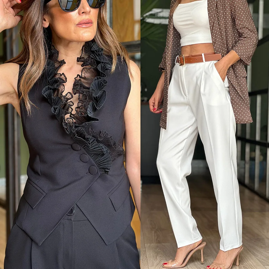 

Women Spring and Summer New Fashion Sleeveless Ruffles Tank Vest Top & High Waist Trousers Casual Two-piece Set Solid Color