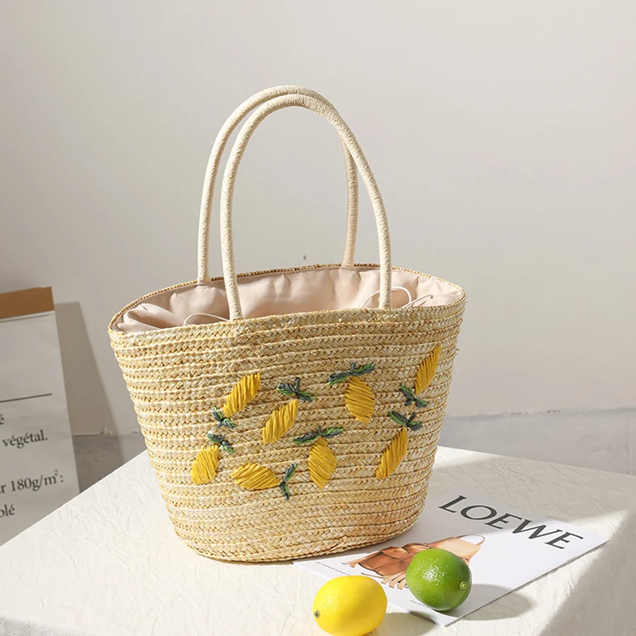 Basket Straw Bag Female Hand Embroidered Lemon Single Shoulder Bag Braided Summer Tote Bags Bohemian Beach Handbags Bali Purses