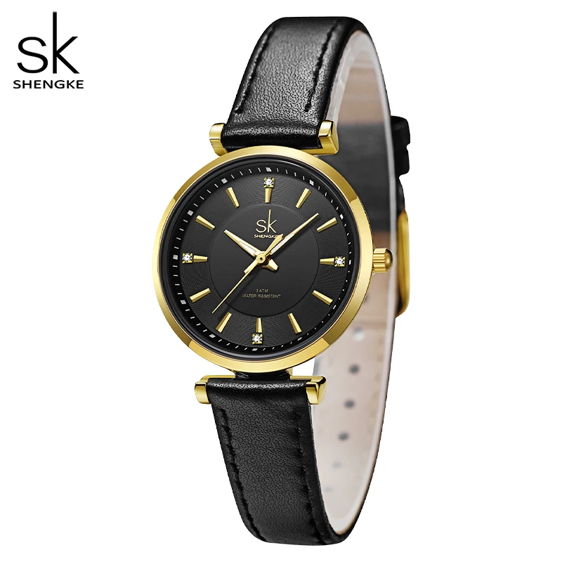 Shengke sk Watch Fashion Women Watches Black Leather Strap Woman\'s Quartz Wristwatches Ladies Colorful Clock Relogio Feminino